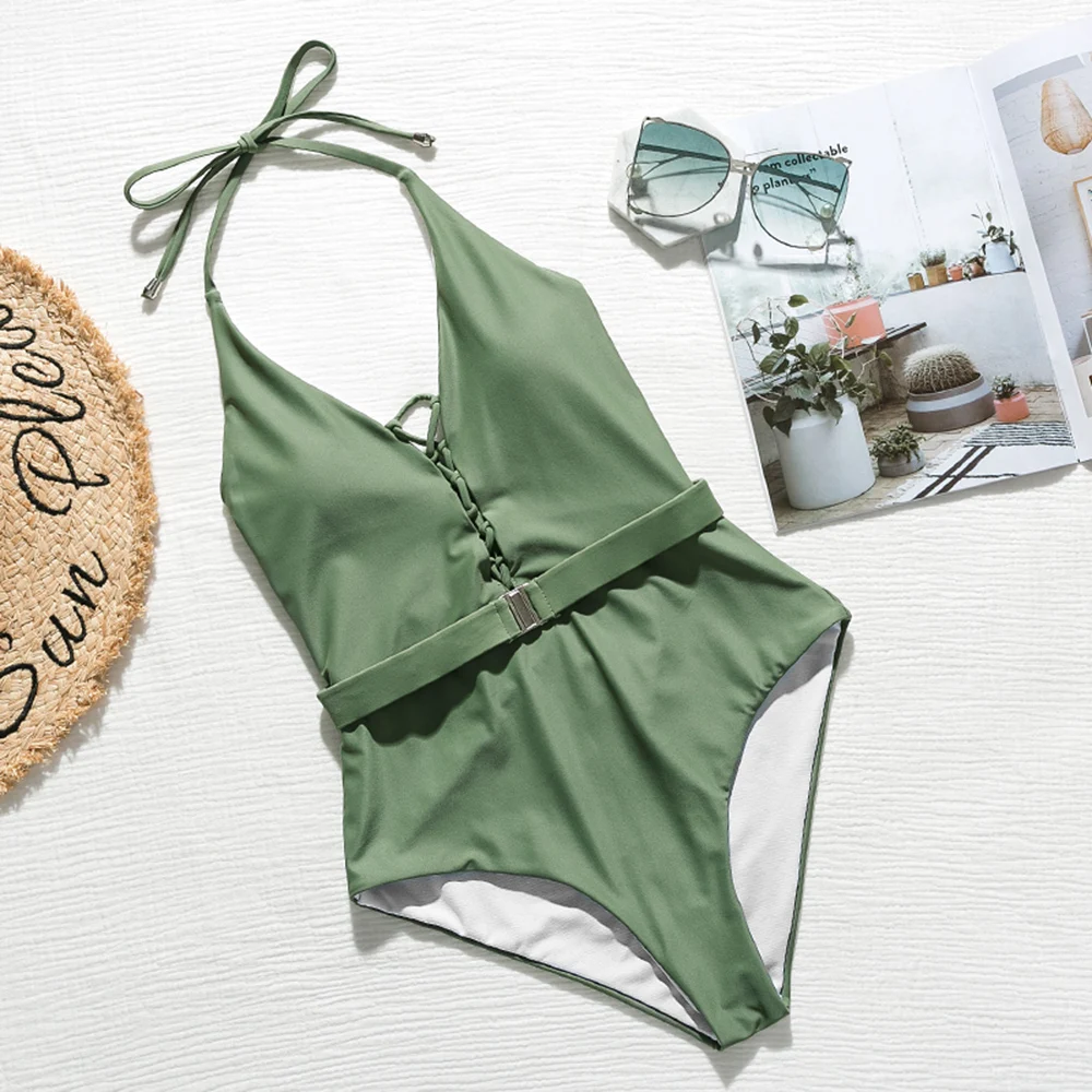 Sfit String Halter Bikinis 2020 Mujer Swimsuit Fused Female Lace Up Bodysuits One Piece Swimwear Women High Cut Belt Monokini