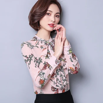 

9495 Printed Chiffon Shirt Female Long Sleeved 2020 Spring New Style Tops Versatile Flounced Shirt