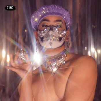 

ladies hot Beret Elegant Flull sparkly Rhinestone High Quality Knitted Female Hats Caps rave festival accessories performance