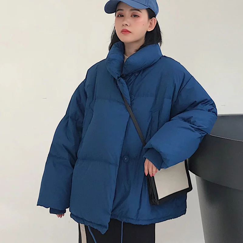 Зимняя утепленная женская куртка-парка в Корейском стиле с воротником-стойкой и хлопковой подкладкой, Женское пальто, дутые утепленные куртки для женщин - Цвет: Синий