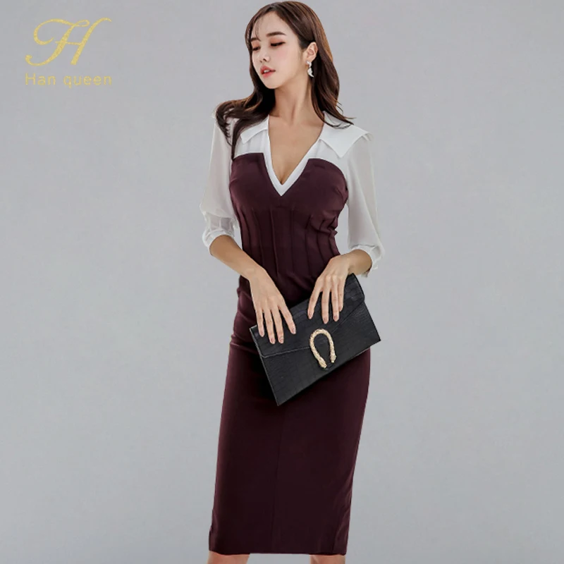 

H Han Queen Elegant Contrast Color Patchwork Pencil Dress Women 2019 Autumn Turn-down Collar Dresses Work Sheath Bodycon Vestdos