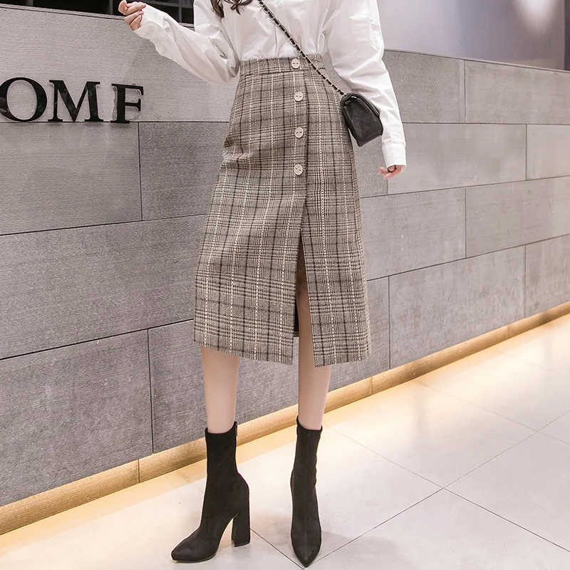 Plaid Skirt Шерстяная юбка миди с запахом, в клетку, Ретро стиль, для женщин, высокая талия, асимметричная, новая женская одежда на пуговицах, модная, Jupe Longue Femme, тонкая - Цвет: Plaid Skirt