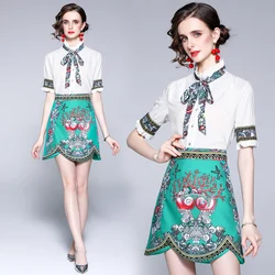 Conjunto de falda corta para mujer, Top de una hilera de botones, cintura elástica, cuello redondo, informal, Estilo Vintage joven, moda de verano, 2 piezas