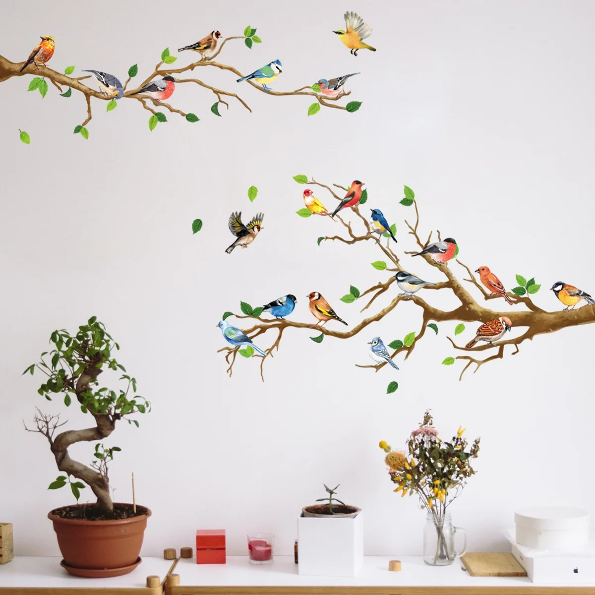 Chinese Style Vintage Bird Sticker Living Room Sofa Wall Decor Stickers Mural Art 3d Tree Branch Green Leaves Stikers