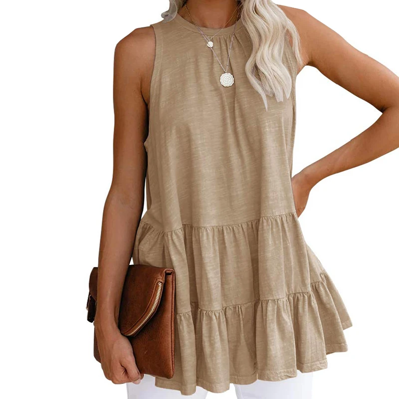 

Elifashion Female Solid Color sleeveless T-shirt Women Loose Round Neck Stitching Shirt Fashion In Summer