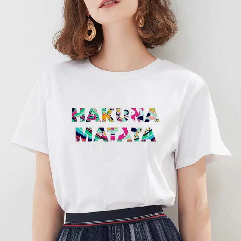 W238-White Модные женские футболки Hakuna Matata Kawaii с принтом, футболка с героями мультфильмов, большие размеры, милые топы, свободные белые футболки с круглым вырезом - Цвет: W238-White