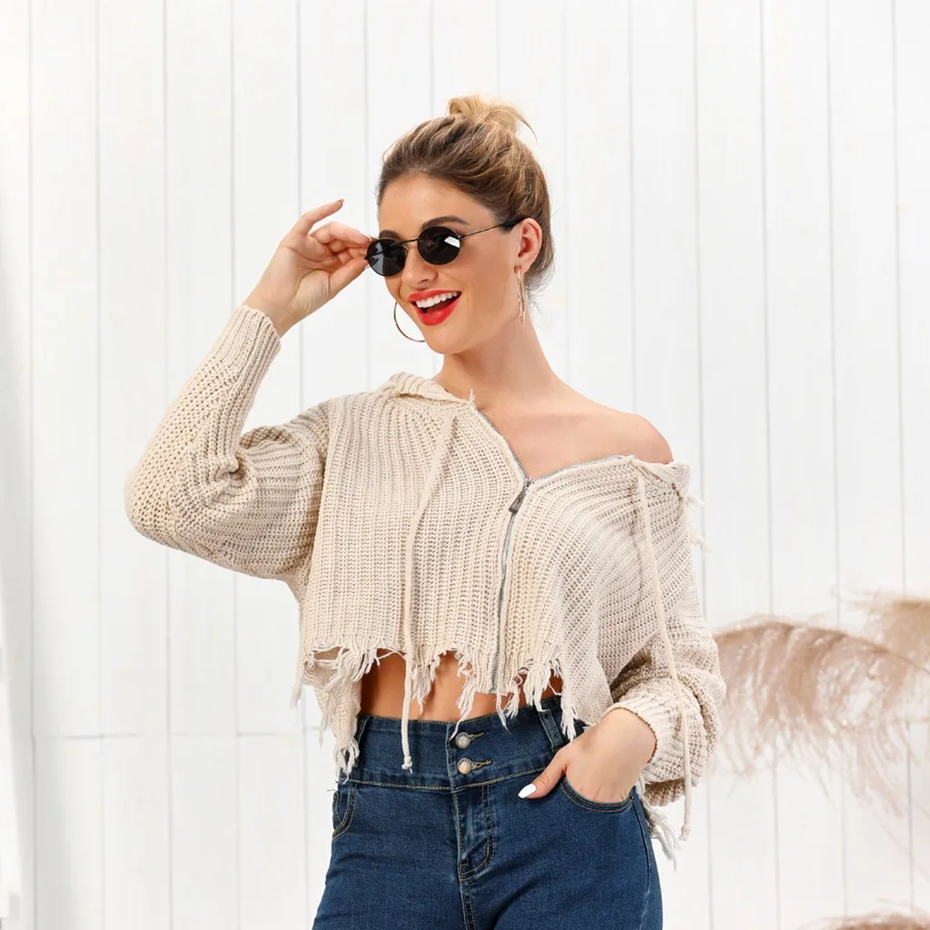 Женский вязаный свитер на молнии с длинным рукавом свободные укороченные