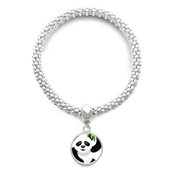 

Chinese Panda Bamboo Traditional Art Pattern Sliver Bracelet Round Pendant Jewelry Chain