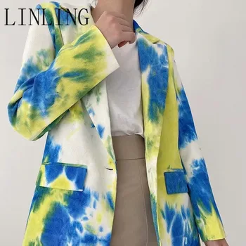 

LINLING Women 2020 Fashion one button Tie-dye Print Blazer Coat Vintage Long Sleeve Pockets Female Outerwear Chic Tops XZ01