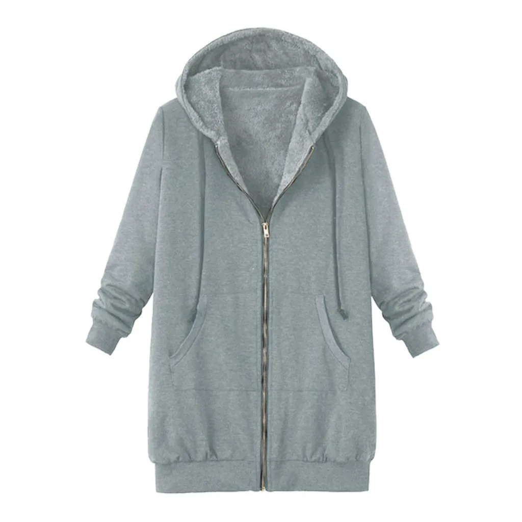 JAYCOSIN, Женская куртка на молнии, одноцветная, толстая, плюшевая, Ретро стиль, большой размер, куртка с капюшоном, модная, повседневная, свободная, Осень-зима