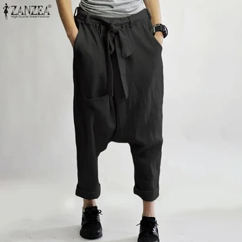 

ZANZEA 2020 New Women Cotton Linen Pants Casual Solid Long Trousers Drop-crotch Wide Leg Pants Pockets Belted Bottoms Streetwear