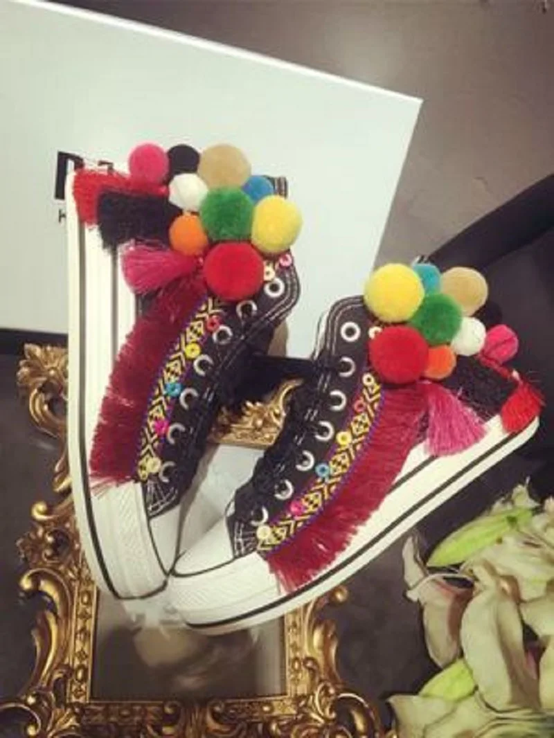

2019 Women'S Canvas Tassel Thick Sole Shoes High Top Wool Ball National Style Fashion Hand Made Single Casual Shoes