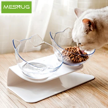 

MESNUG Quality Double Cat Bowl With Raised Stand 15°Tilted Platform Cat Feeders Safe Food And Water Bowls Reduce Neck Pain