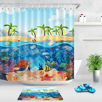 

Cartoon Underwater World Bathroom Shower Curtain Sea World Coral Fishes Turtles Beach Children's Room Decor Shower Curtains