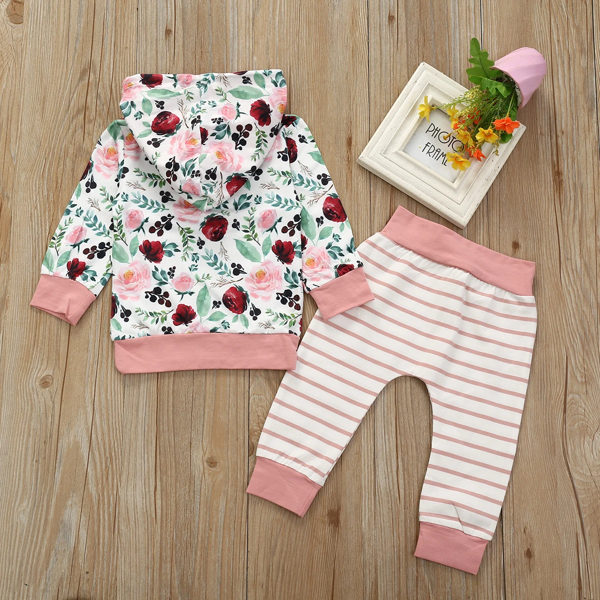 Толстовка с капюшоном и цветочным принтом для маленьких девочек, топ с длинными рукавами+ штаны в полоску, леггинсы комплект повседневной одежды из 2 предметов для новорожденных