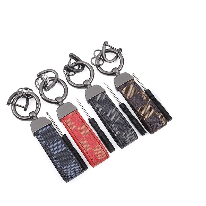 

Luxury Genuine Leather Lanyard Keychain Men Women Square Pattern Gunmetal Buckle Car Key Ring Holder Jewelry Gift Chaveiro