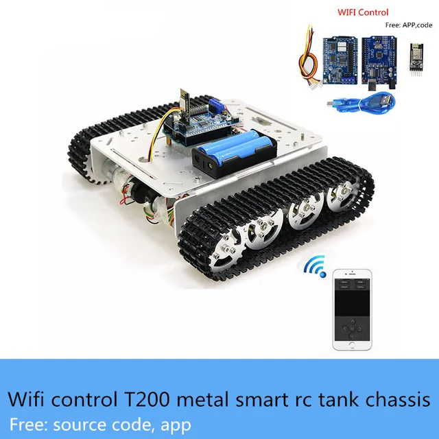 T200 metal smart tracked rc robot tank chassis kit with wireless wifi/bluetooth/handle control kit DIY for Arduino