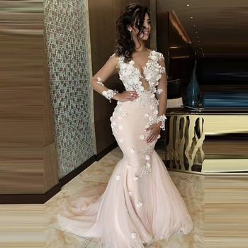 

Elegant Appliques Mermaid Prom Gown robe de soiree See Thru Full Sleeves Evening Gown Custom Made vestido de festa