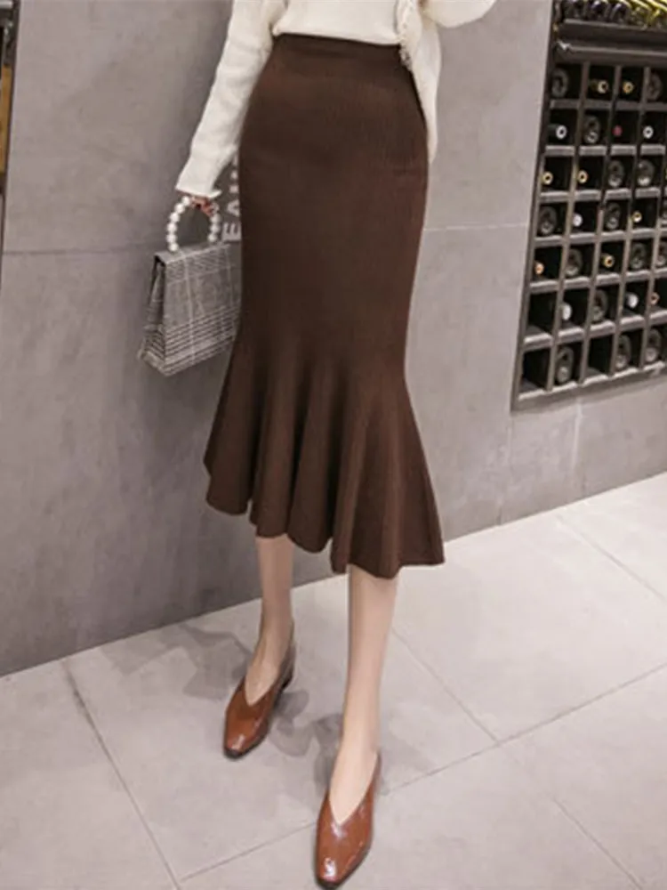 Коричневый New Elegant Autumn Winter Knit Skirts Women Sweater Bodycon Mermaid Office Lady Work Wear Ruffles Skirt Chic saias faldas - Цвет: Коричневый