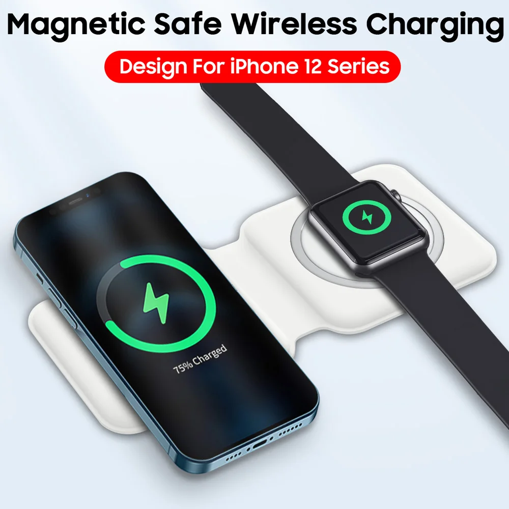 2 in 1 Magnetic Mini Foldable Dual  Safe Duo Wireless Charging for iPhone 12 Pro Max 12 mini for Apple Watch 5 4 3 Fast Charger