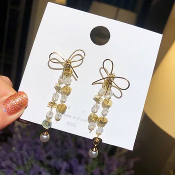 

925 silver needle bow crystal earrings women long tassel temperament earrings personality trend earrings 2020 new