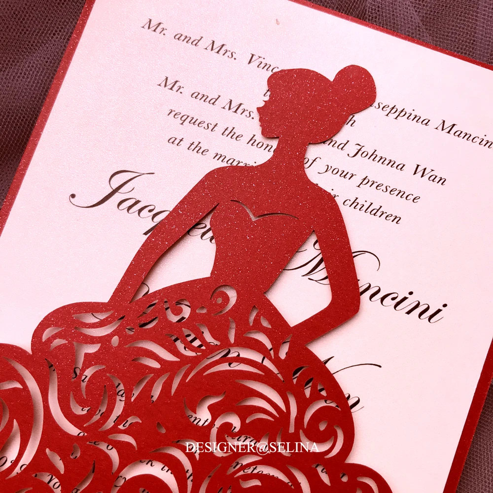 Красные переливающиеся свадебные приглашения с лазерной огранкой, 50 шт., индивидуальные Пригласительные открытки для свадебного душа, дня рождения, милые 15 приглашений