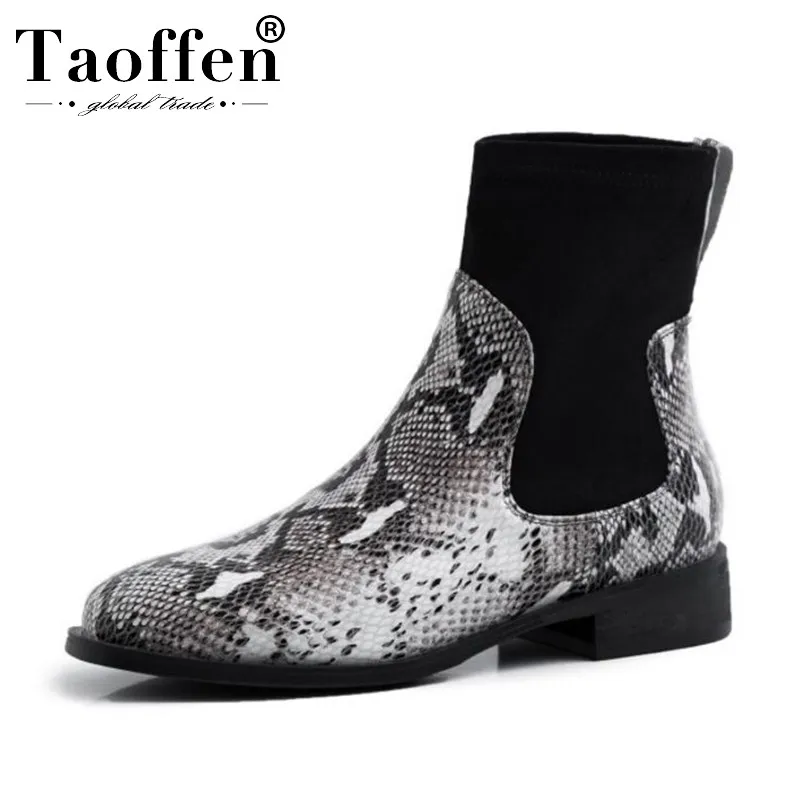 Taoffen Women Real Leather Snakeskin Pattern Flats Ankle Boots High Quality Round Toe Office Work Shoes Short Boots Size 33-40