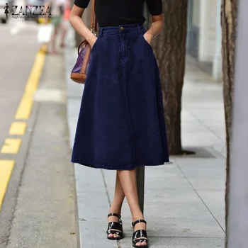 

ZANZEA Women Midi Skirts Elegant High Waist Loose Pockets Skirt Female Casual Cotton Linen Faldas A-line Mid Calf Skirt Oversize