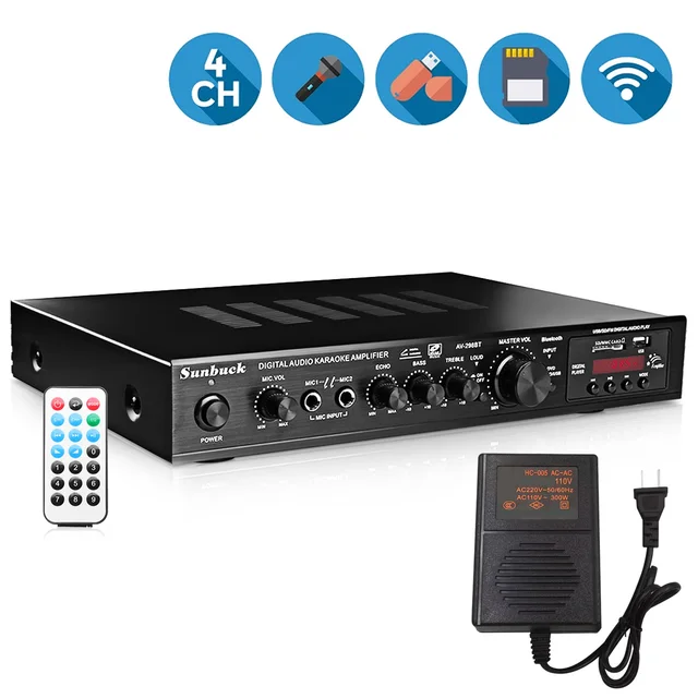 Sunbuck High Resolution Amplificador Bluetooth Digital Amplifier Stereo LED USB AV Power Surround 298BT Audio Player Subwoofer 4