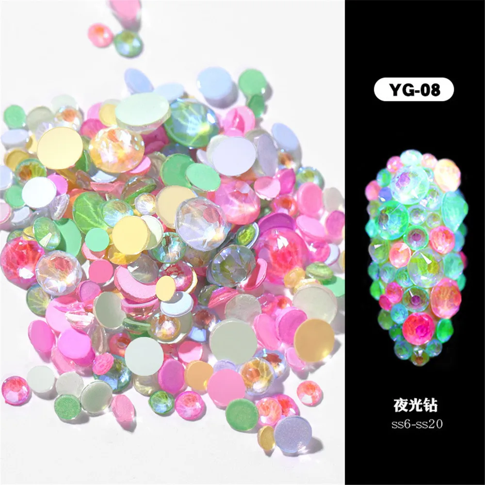 1 Pack Flatback Luminous Nail Rhinestones Mixed Sizes Crystal Shiny Nail Flat Drill Flash Gems Glass Nail Art Decorations Tools (24)
