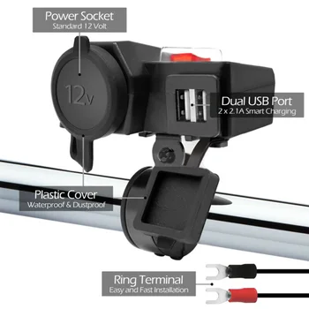

Waterproof Motorcycle 12V Dual USB Charger 5V Cigar Lighter Handlebar Mount Motorcycle DC Charging Station