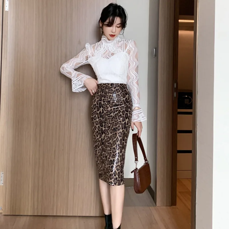 

2 Piece Set 2023 Spring High-end Women Suit Full Flare Sleeve Lace Shirt Top and Leopard Pencil Skirt Two Piece Sets Vestidos