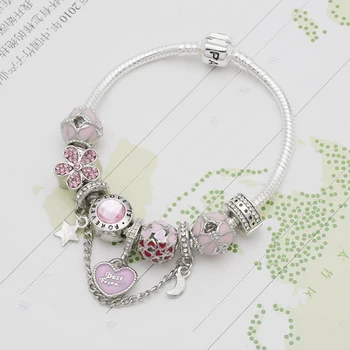 

RANDORS wholesale DIY Finished Charm Bracele Deeply loves the life women pink Bracelet Birthday Gift