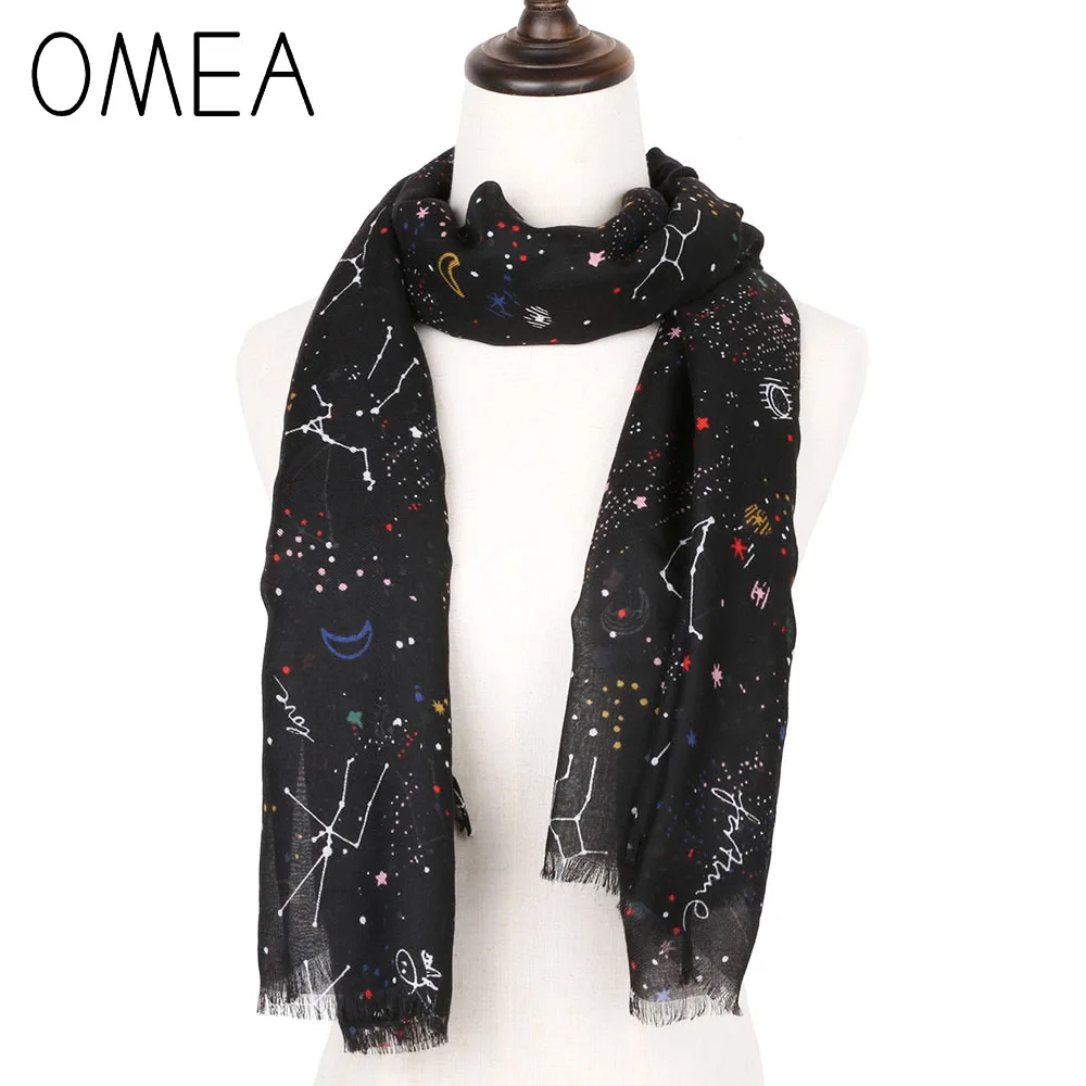 OMEA Черный мультфильм звездное небо шелковый шарф для женщин шаль и обертывания шифон хиджаб платок на голову Бесконечность шарф для дам Созвездие