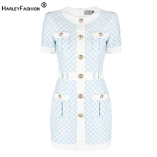 HarleyFashion Euroamerican High Street Women Luxury Quality Short Sleeve Pocket Skinny Sheath Straight Plaid Dress