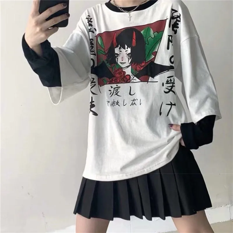 Lychee Harajuku/японская женская футболка с буквенным принтом для девочек, имитация 2 шт., женские пуловеры с круглым вырезом, футболки, повседневные весенние женские футболки, топы