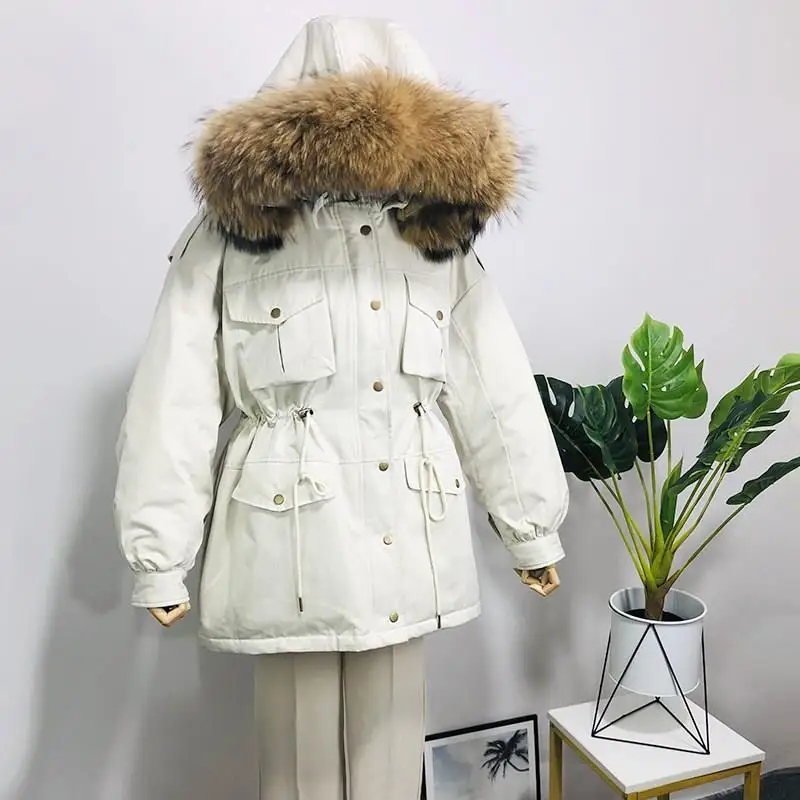 Женская зимняя куртка с капюшоном, парки на белом утином пуху, одноцветные тонкие пальто средней длины, большой воротник из натурального меха енота, теплая верхняя одежда