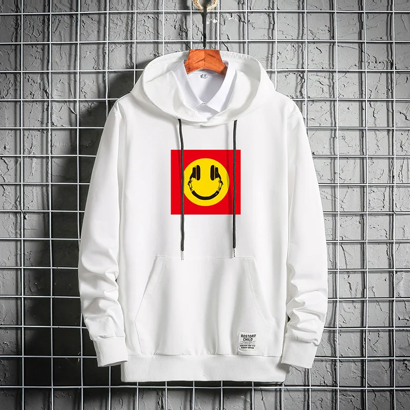 

Happy Smiling Face pattern Printed Men Sweatshirt Streetwear Hombre Male Pullover patchwork solid color mens hoodies homme M-3XL