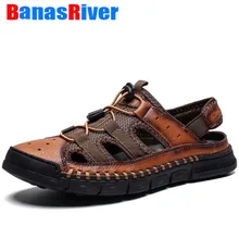 Мужские сандалии, летняя кожаная повседневная обувь, кроссовки для пляжа, мужские сандалии на резиновой подошве, дышащая обувь
