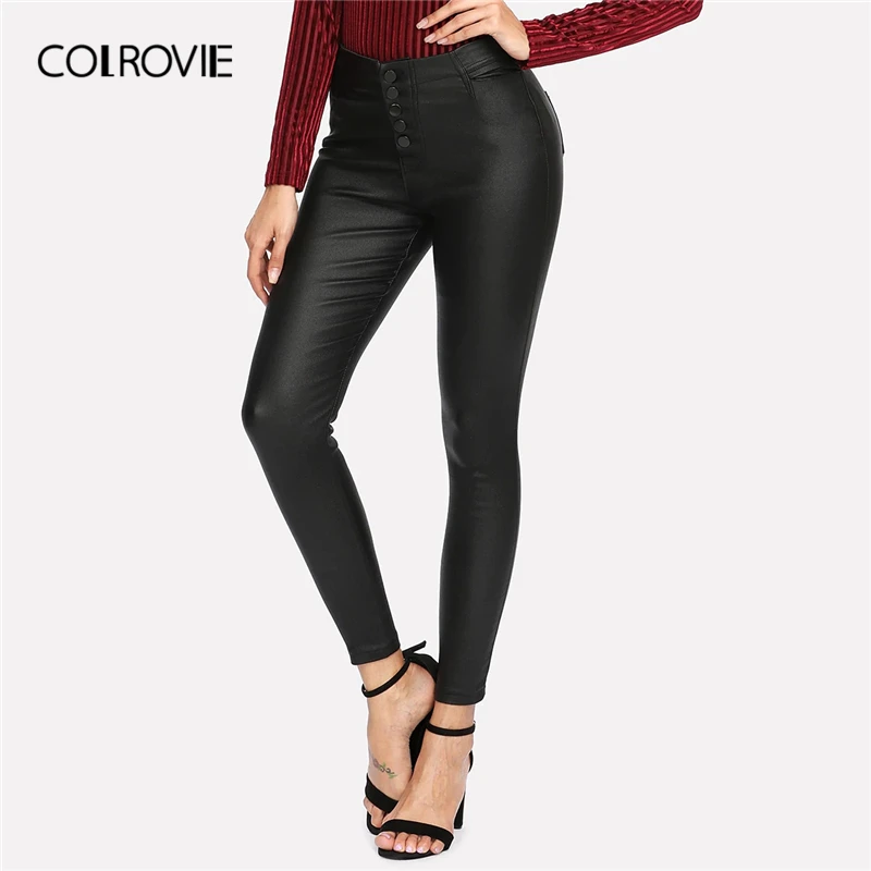 

COLROVIE Black Faux Leather Pants Women Casual Solid Skinny Pants 2019 Autumn Glamorous Button Fly Ladies Tapered Trousers