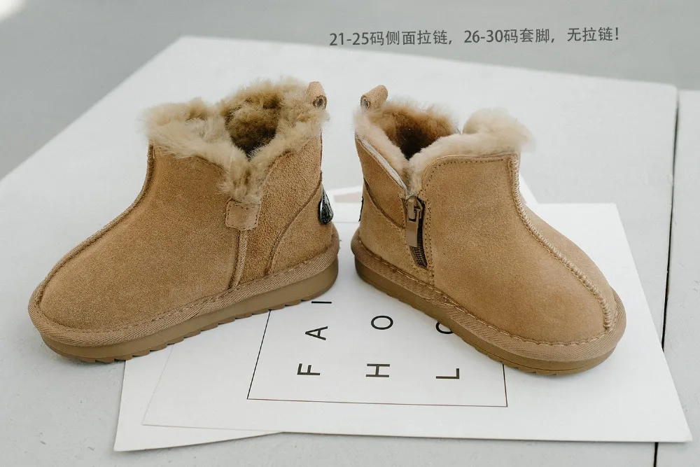 2020 New Winter Children Snow Boots Genuine Leather Wool Girls Boots Plush Boy Warm Shoes Fashion Kids Boots Baby Toddler Shoes