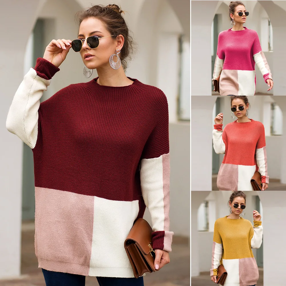 New sweater in autumn and winter with three-color stitching loose lazy wind knitted sexy elegant casual dress jacket |