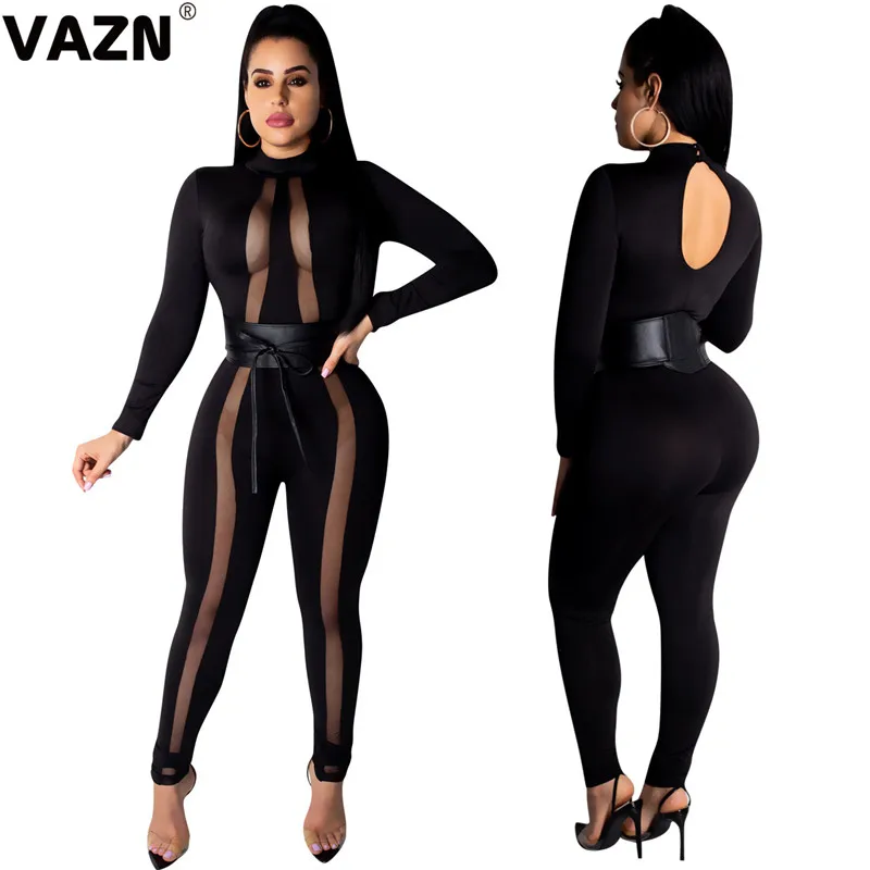 VAZN GYD18070 tos design autumn sexy lady black jumpsuit full sleeve zipper fly skinny jumpsuit springy sexy club jumpsuits