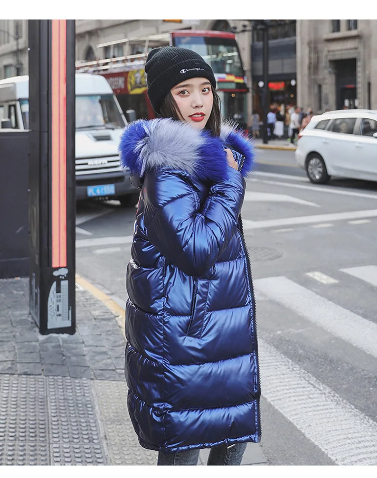 Зимняя куртка Для женщин длинные 2019 Новый Повседневное свободные Глянцевая пальто с капюшоном меховой воротник толстые теплые Для женщин