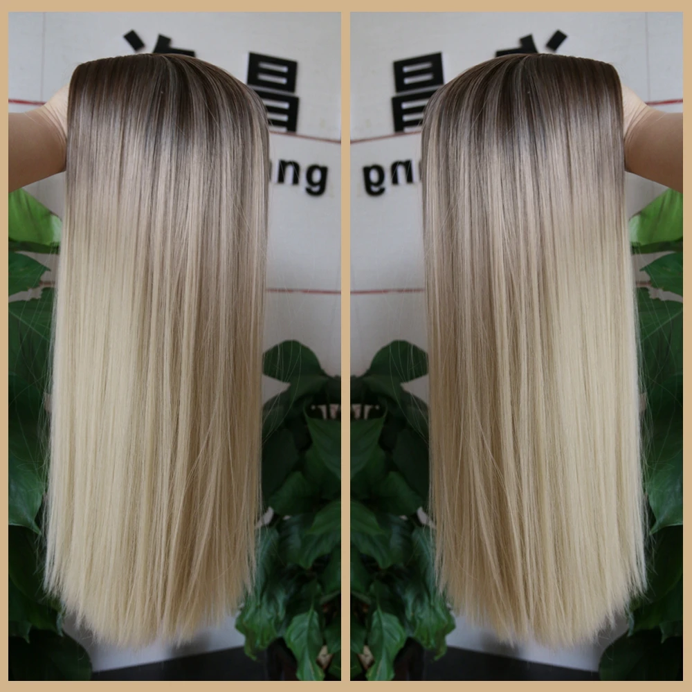 FAVE Black To Light Blonde Straight Bob Shoulder Length Synthetic Wig Middle Part Cosplay Party Heat Resistant Fiber For Women