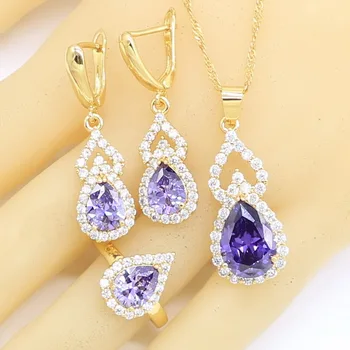 

Purple Semi-precious Gold Color Jewelry Sets for Women Earrings Necklace Pendant Rings Gift Box