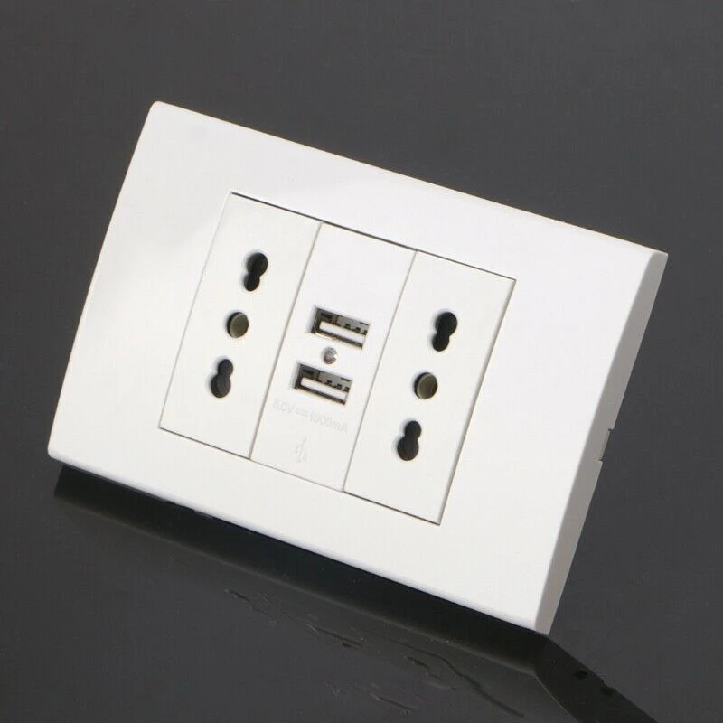 

WallDouble Italian/Chile Plug Power Socket Adapter Dual USB Ports Panel White