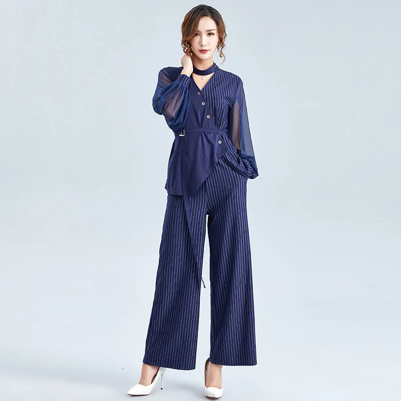 [DEAT] Autumn Fashion Trend New Pattern Office Lady Striped Breathable Wide Leg Pants Women's Long Sleeve Suit AI662