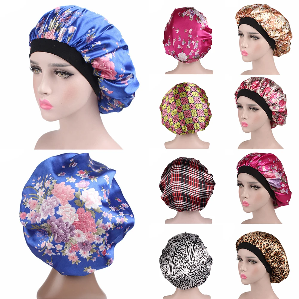 Women Satin Night Sleep Cap Hair Bonnet Hat Silk Head Cover Wide Elastic Turban Hair Accessories Shower Long Hair Caps Headwear