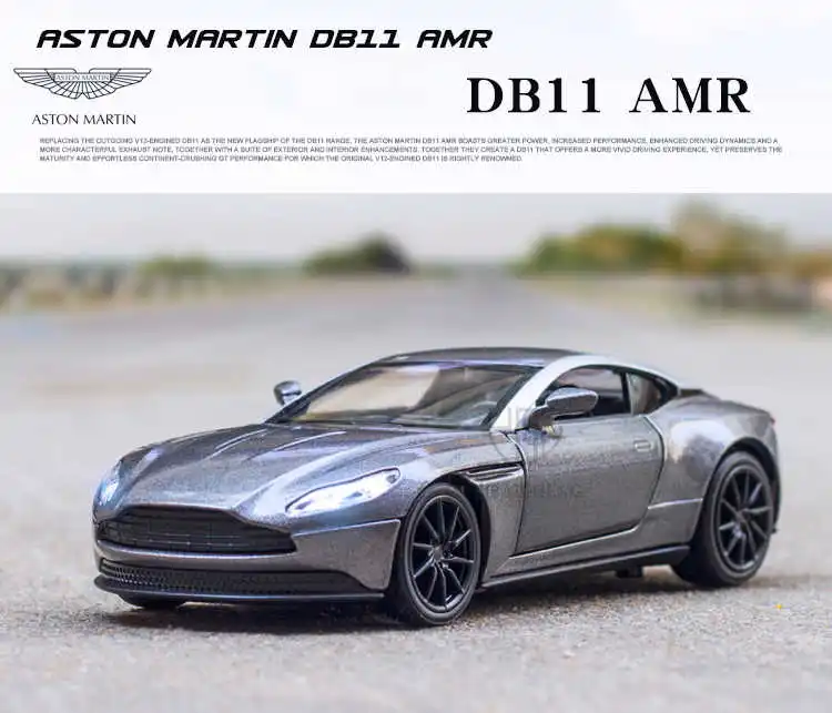 Modelo de Carro Veículos com Puxar para trás Som Luz para Crianças Aston Martin Db11 Amr Metal Diecastas Liga Brinquedo Alta Simulação 1 - 32 14 de simulação alta, com som de farol retrátil, para crianças